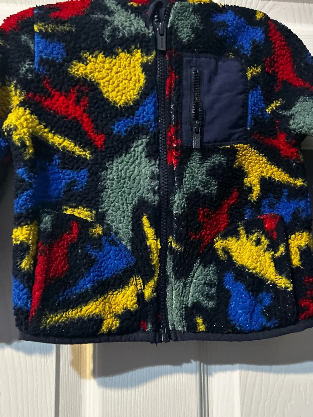 Old Navy Red, Blue and Black Sherpa Dinosaur Zip Jacket
